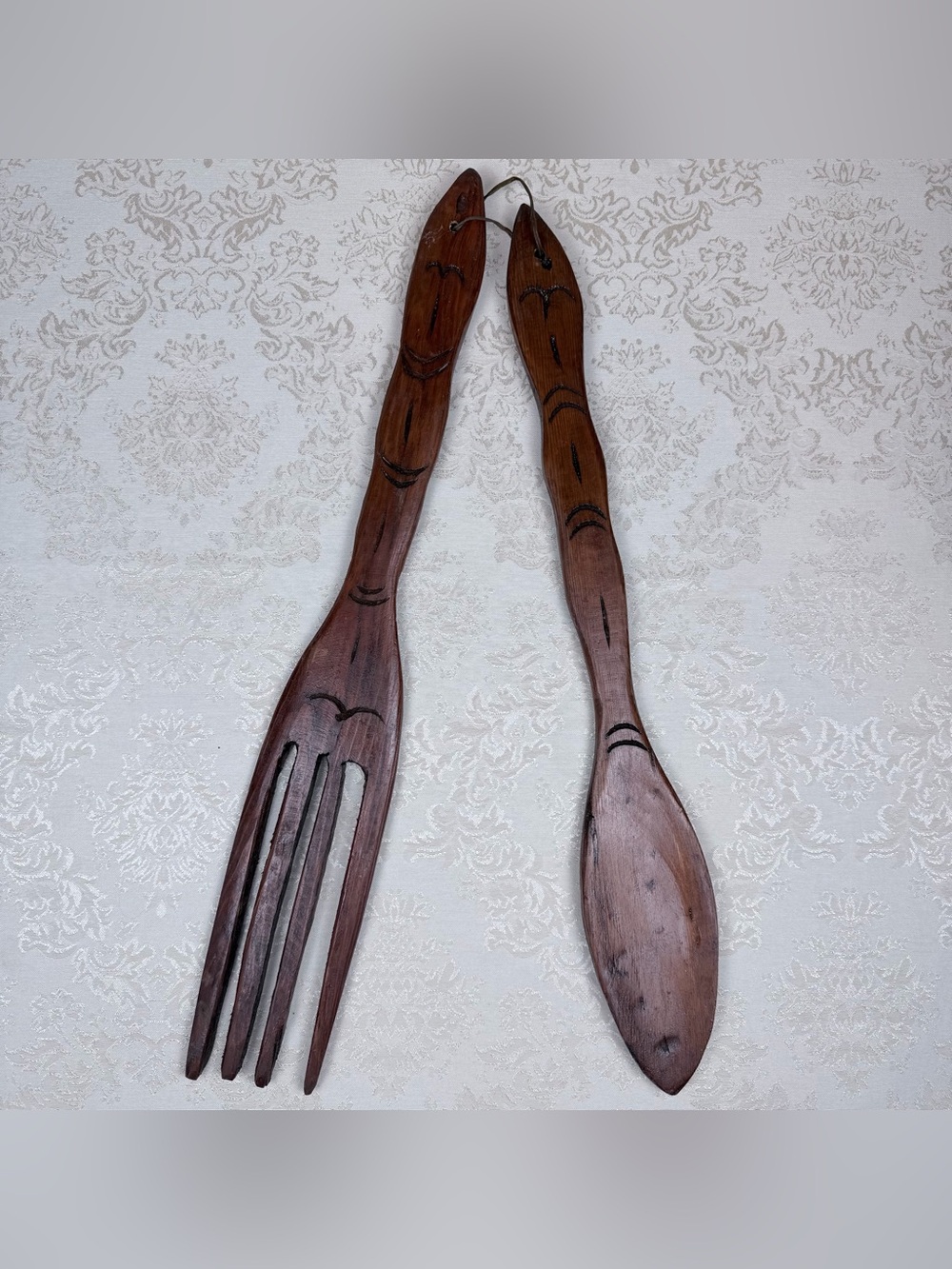 Vintage Hand-Carved Wooden Fork and Spoon Set, Wall Decor, Farmhouse